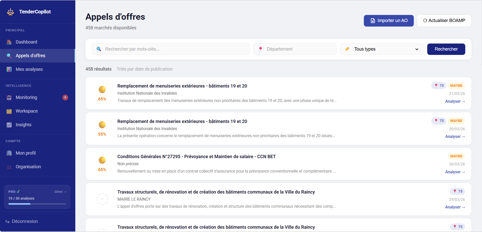 TenderCopilot — Liste des appels d'offres